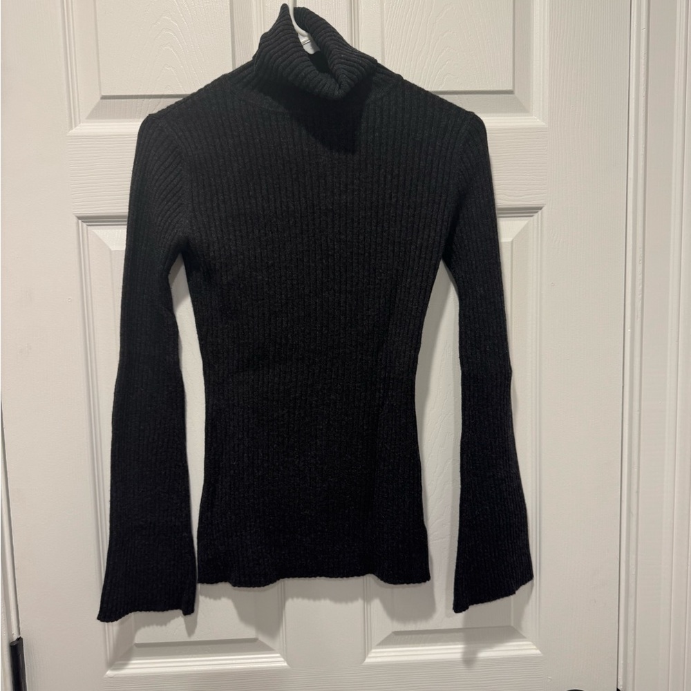 Autumn Cashmere Black Turtleneck Sweater with Flared Sleeves